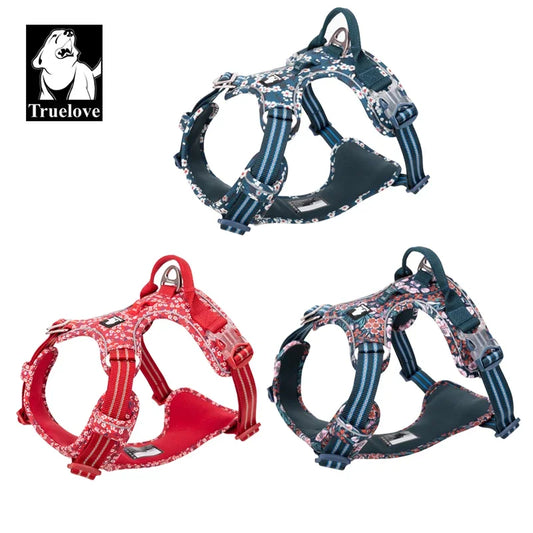 TrueLove Blue and Red Floral Pet Harness – No-Pull, Breathable & Reflective for Dogs & Cats