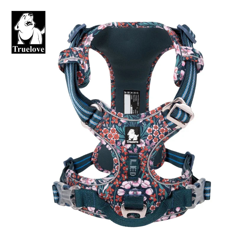 TrueLove Blue and Red Floral Pet Harness – No-Pull, Breathable & Reflective for Dogs & Cats