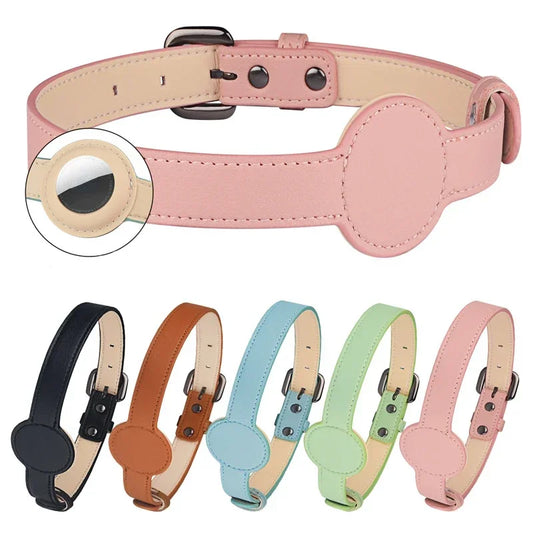 Leather Dog Collar with AirTag Holder – Anti-Lost Pet Tracker Collar